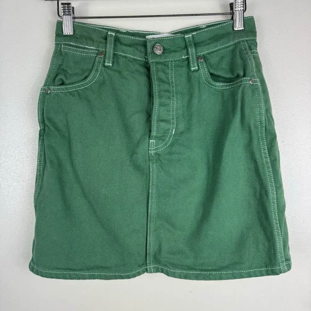Reformation Cowboy High Rise Denim Mini Skirt Green‎ Size 25 Button Fly